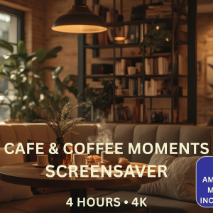 Cozy Coffee Moments 4-Hour 4K Screensaver featuring warm café interiors and relaxing coffee scenes