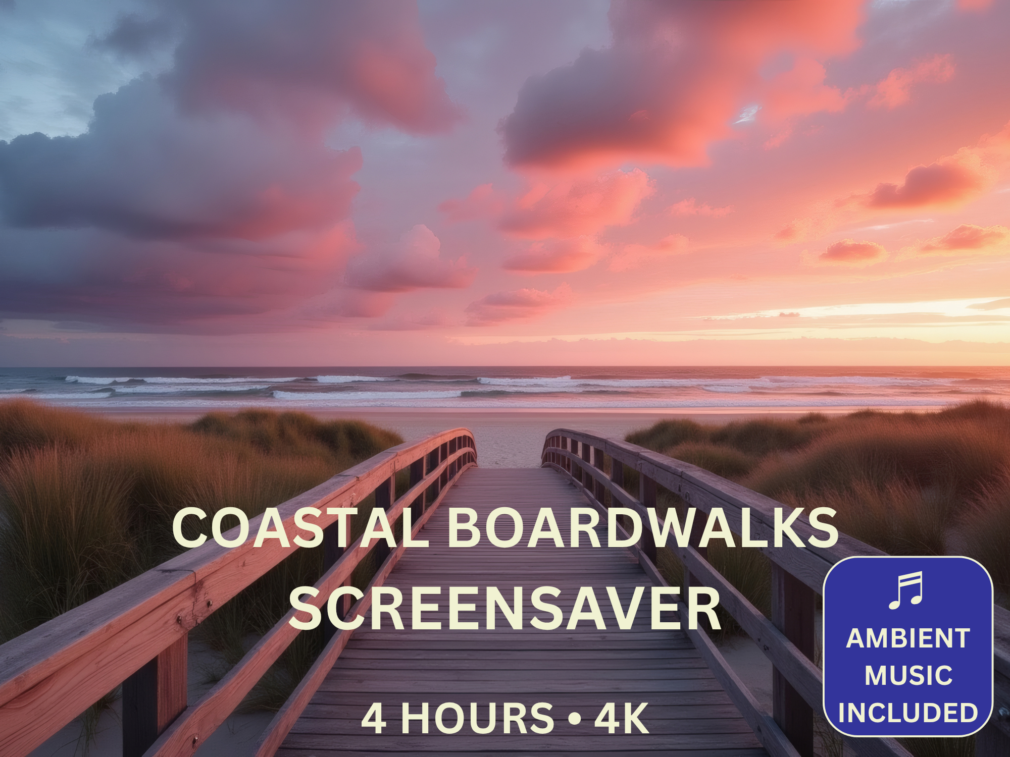 Coastal Boardwalks at Dawn 4-Hour 4K Screensaver featuring a sunrise boardwalk leading through dunes towards the ocean