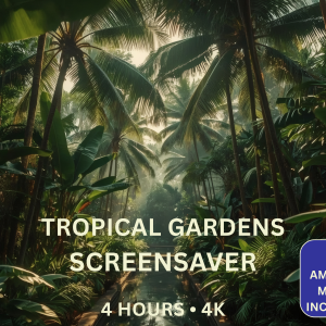 Tropical Gardens 4-Hour 4K Screensaver featuring tropical waterways, palm trees and rainforest scenery in 4K resolution