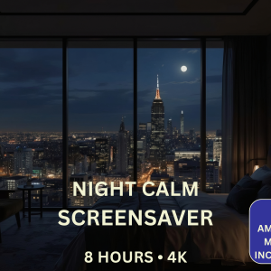 Night Calm 8-Hour 4K Screensaver featuring moonlit landscapes, mountain lakes, forests and relaxing night scenery