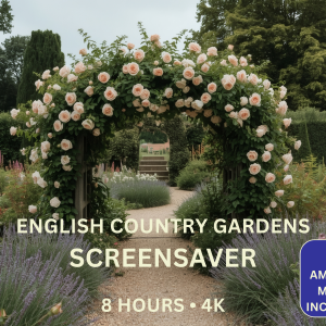 English Country Gardens 4K Screensaver featuring tranquil English gardens, lavender, roses and peaceful pathways in Ultra HD