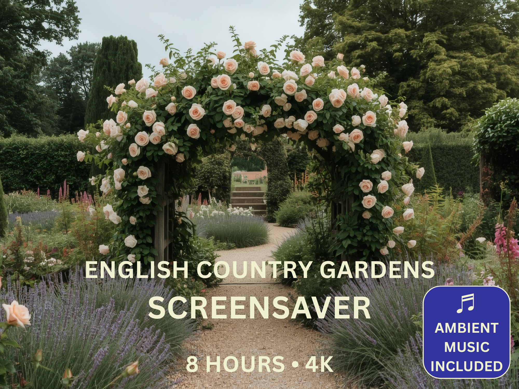 English Country Gardens 4K Screensaver featuring tranquil English gardens, lavender, roses and peaceful pathways in Ultra HD