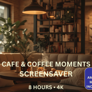 Cozy Coffee Moments 8-Hour 4K Screensaver featuring warm café interiors and relaxing coffee ambience