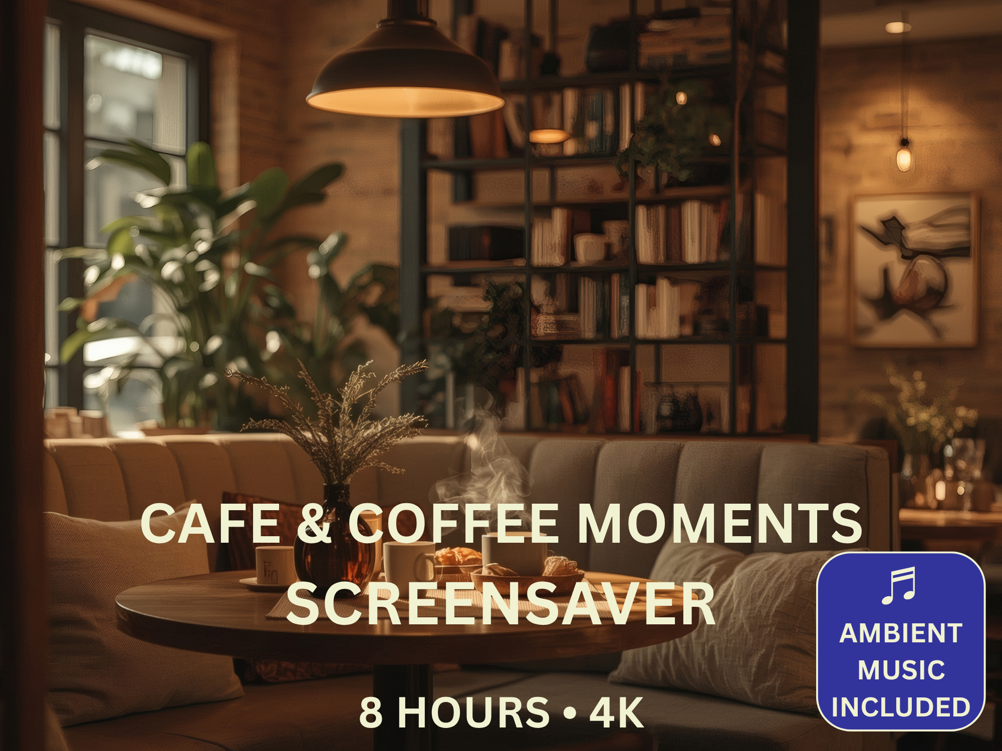 Cozy Coffee Moments 8-Hour 4K Screensaver featuring warm café interiors and relaxing coffee ambience