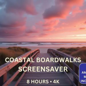 Coastal Boardwalks at Dawn 8-Hour 4K Screensaver featuring a sunrise boardwalk leading through coastal dunes towards the ocean