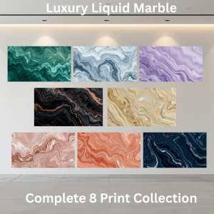 Luxury Liquid Marble Printable Wall Art Collection featuring eight high-resolution abstract marble artworks suitable for home and professional printing.