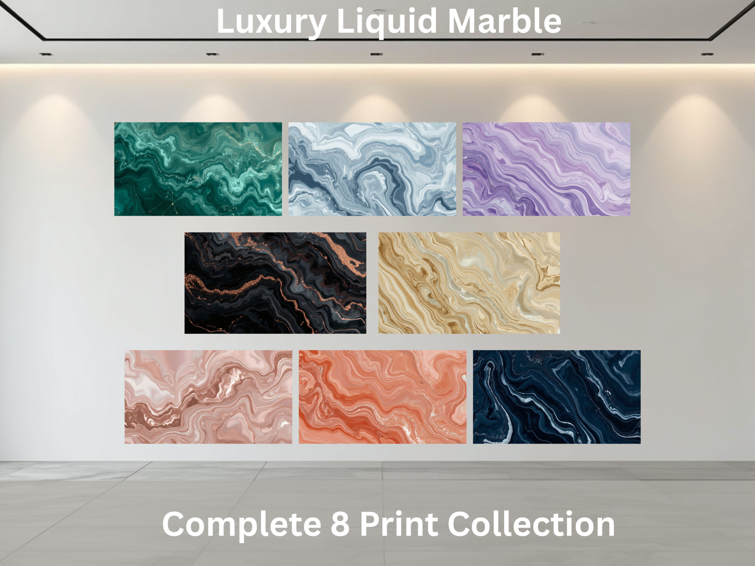 Luxury Liquid Marble Printable Wall Art Collection featuring eight high-resolution abstract marble artworks suitable for home and professional printing.
