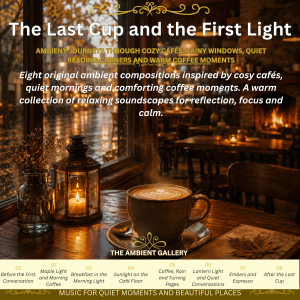 The Last Cup and First Light Ambient Music Album cover featuring cosy café ambience and relaxing original ambient music