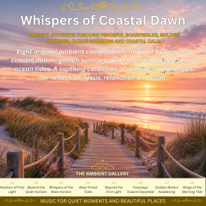 Whispers of Coastal Dawn Ambient Music Album featuring peaceful coastal sunrise artwork and ocean horizons