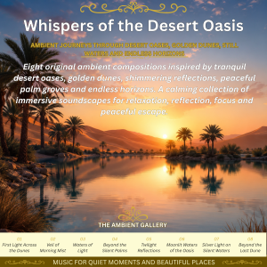 Whispers of the Desert Oasis Ambient Music Album featuring original ambient music inspired by tranquil desert oases, golden dunes and peaceful horizons.