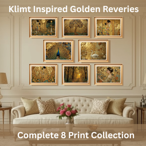 Klimt Inspired Wall Art featuring the Golden Reverie printable art collection with elegant gilded Art Nouveau styling