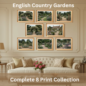 English Country Gardens Wall Art featuring elegant cottage gardens, lavender, roses and peaceful garden pathways
