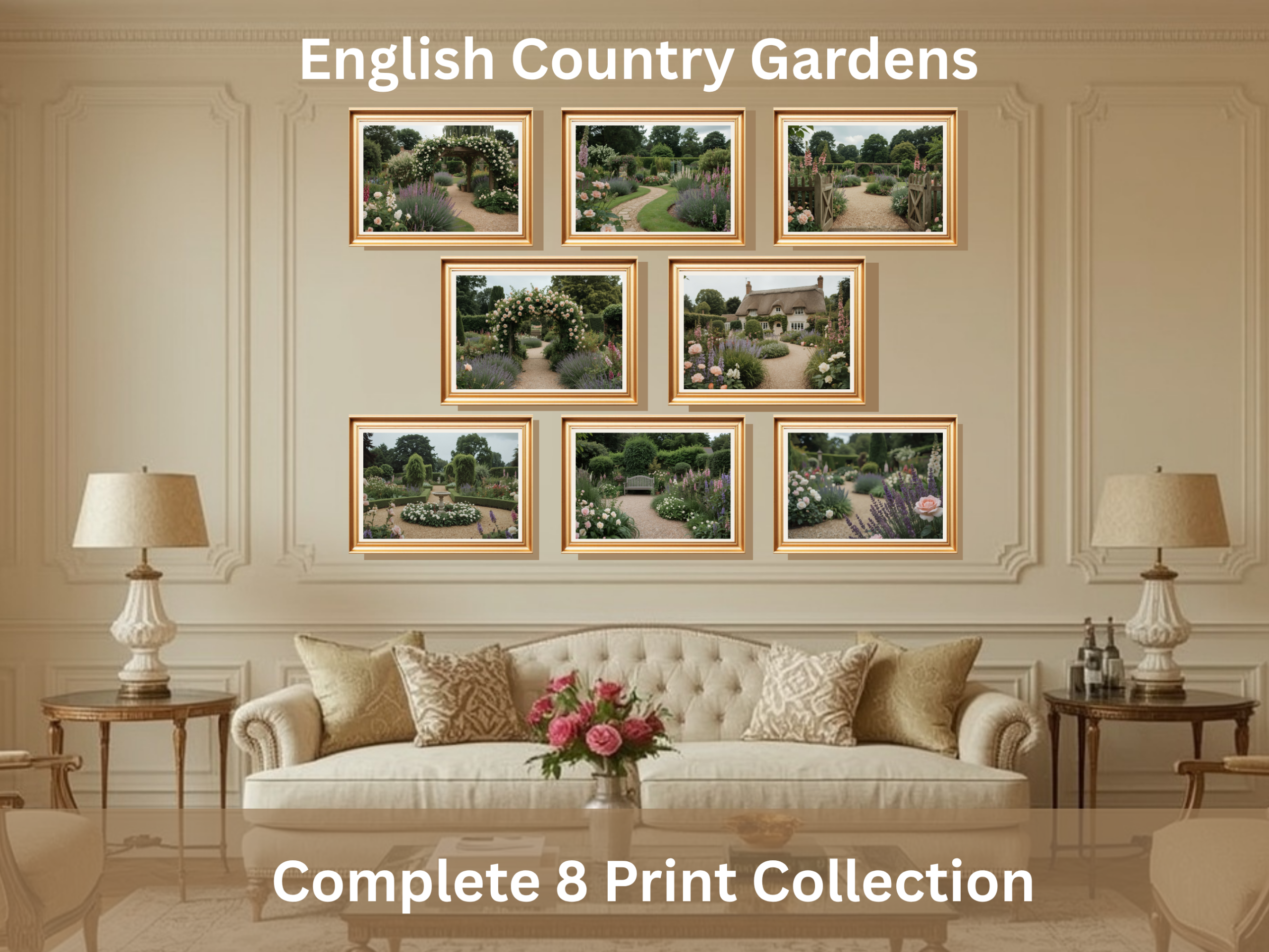 English Country Gardens Wall Art featuring elegant cottage gardens, lavender, roses and peaceful garden pathways