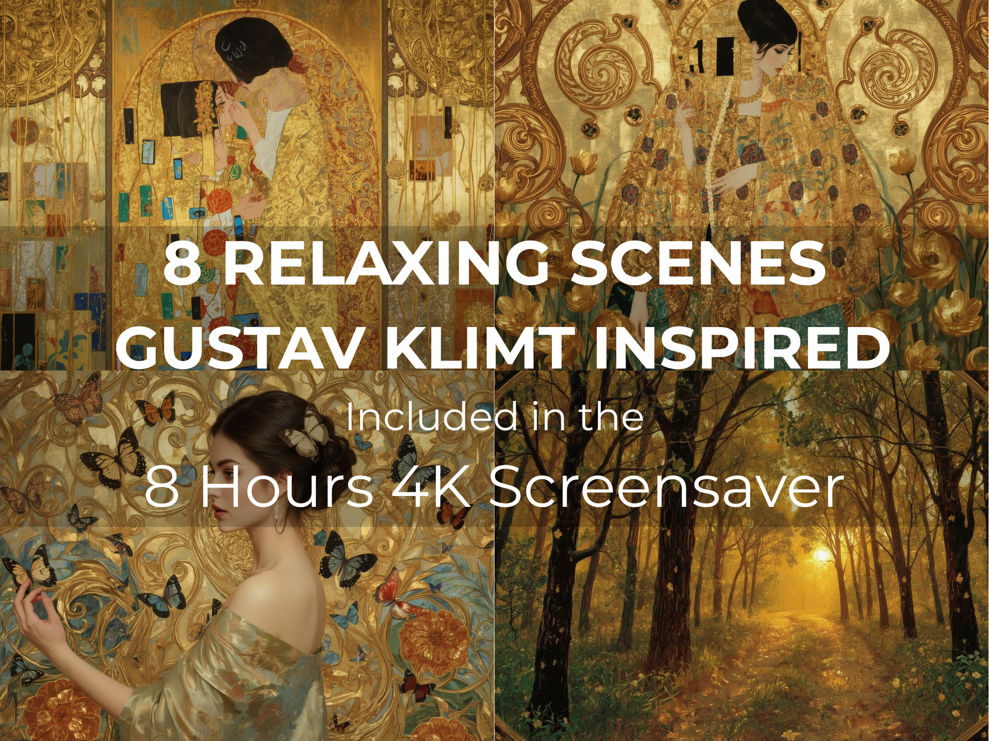 Klimt Inspired 8-Hour 4K Screensaver with Ambient Music featuring elegant golden Art Nouveau artwork in Ultra HD