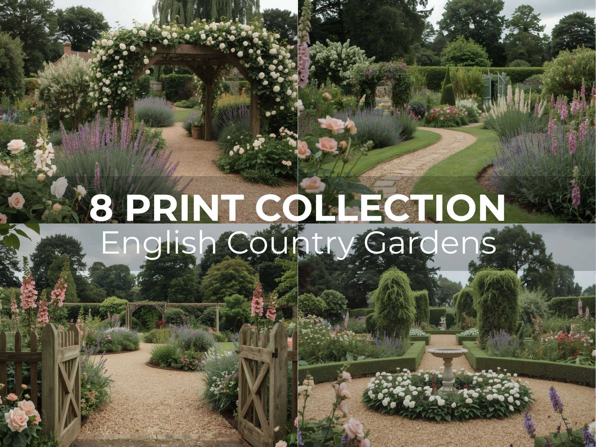English Country Gardens Wall Art featuring elegant cottage gardens, lavender, roses and peaceful garden pathways