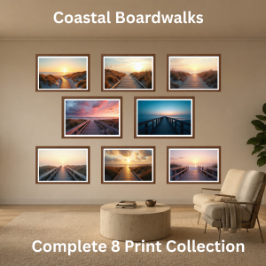 Coastal Boardwalks Artwork featuring a peaceful sunrise boardwalk leading through dunes towards the ocean