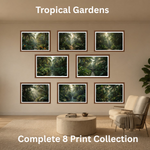 Tropical Gardens Wall Art featuring lush palm trees, rainforest waterways and tropical botanical scenery
