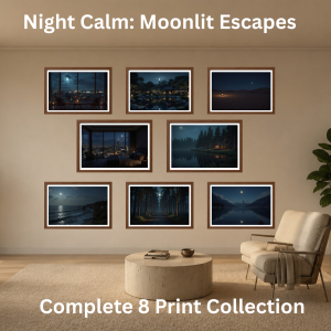 Moonlit Escapes Artwork printable wall art collection featuring moonlit landscapes, lakes, forests and peaceful night scenes