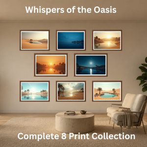 Desert Oases Printable Wall Art featuring peaceful desert landscapes, tranquil oasis lakes and golden sand dunes.