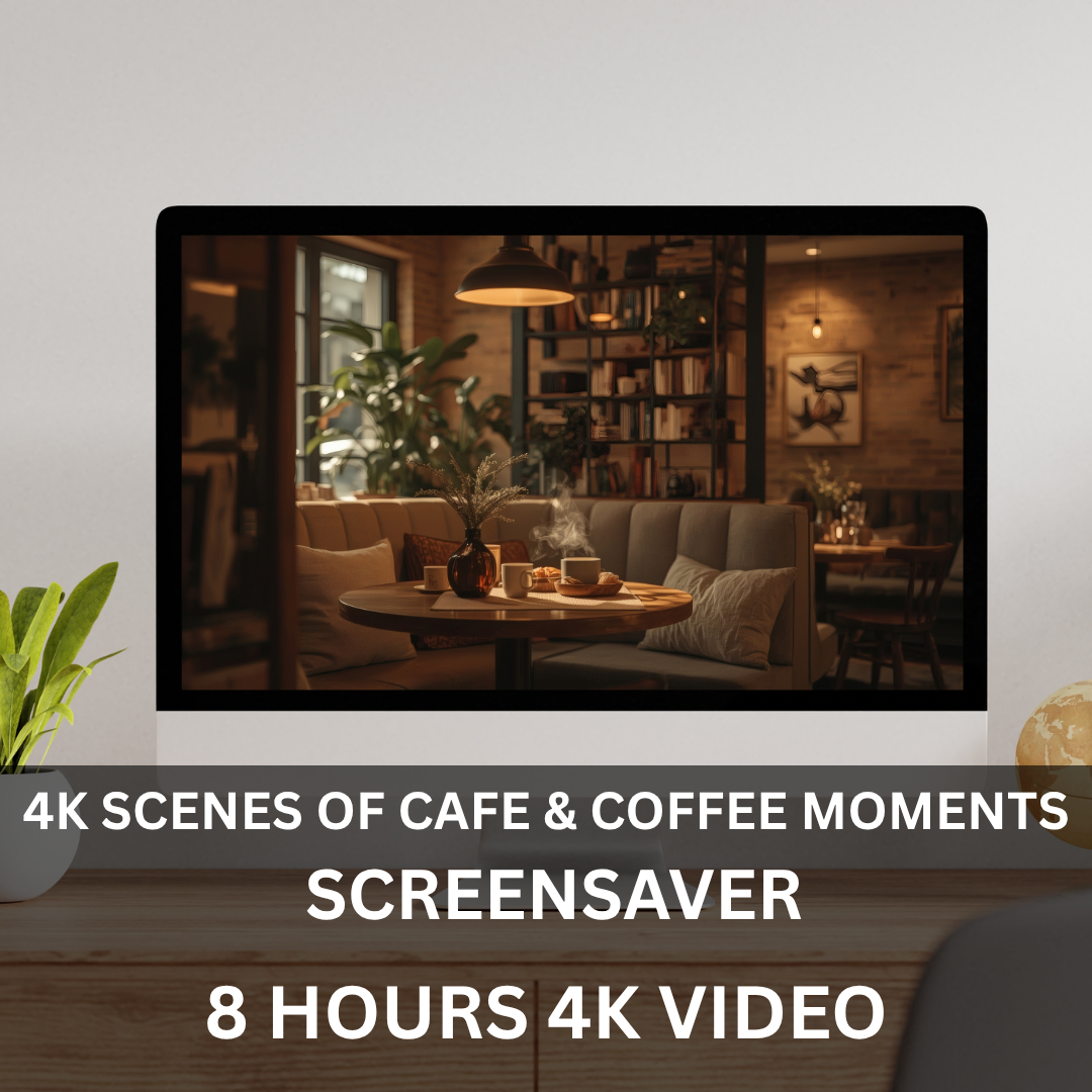 Cozy Coffee Moments 8-Hour 4K Screensaver featuring warm café interiors and relaxing coffee ambience