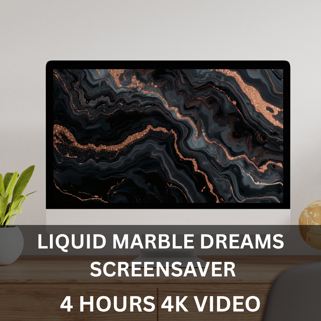 Luxury Liquid Marble 4-Hour 4K Screensaver with Ambient Music featuring elegant abstract marble artwork in rich contemporary colours