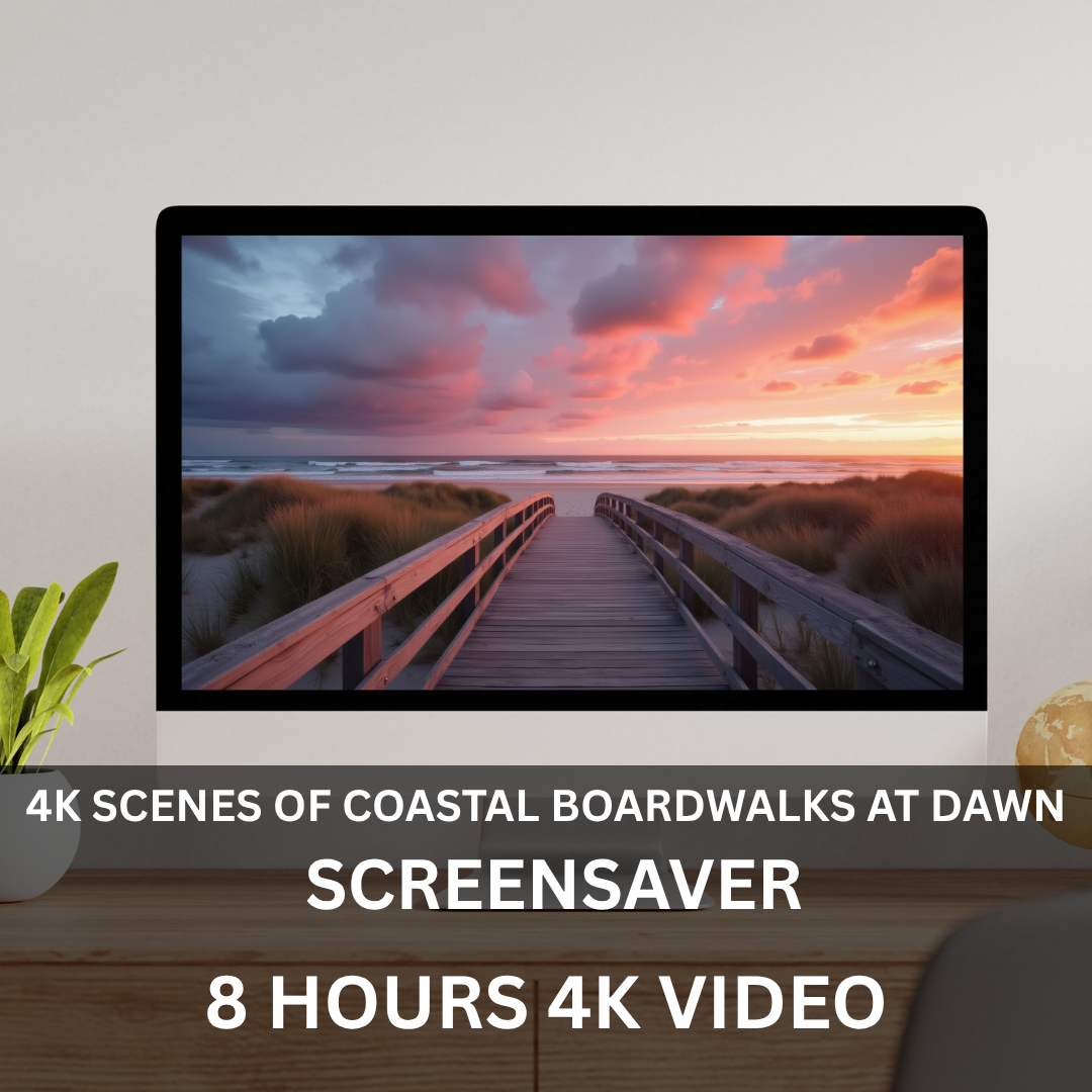 Coastal Boardwalks at Dawn 8-Hour 4K Screensaver featuring a sunrise boardwalk leading through coastal dunes towards the ocean