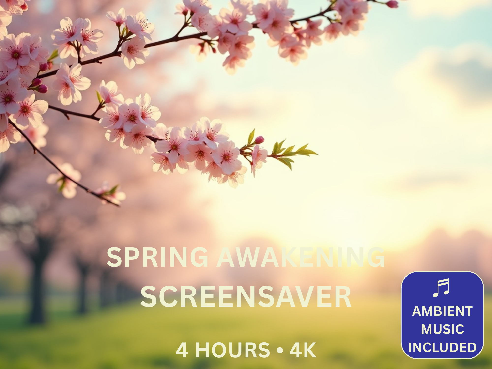 Spring Awakening 4K spring screensaver with ambient music featuring cherry blossoms, meadows, lakes and morning sunlight