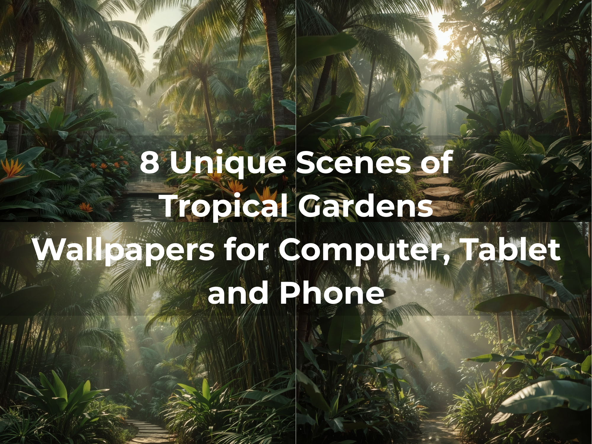 Tropical Gardens Wallpapers featuring lush rainforest waterways, palm trees and tropical garden scenery