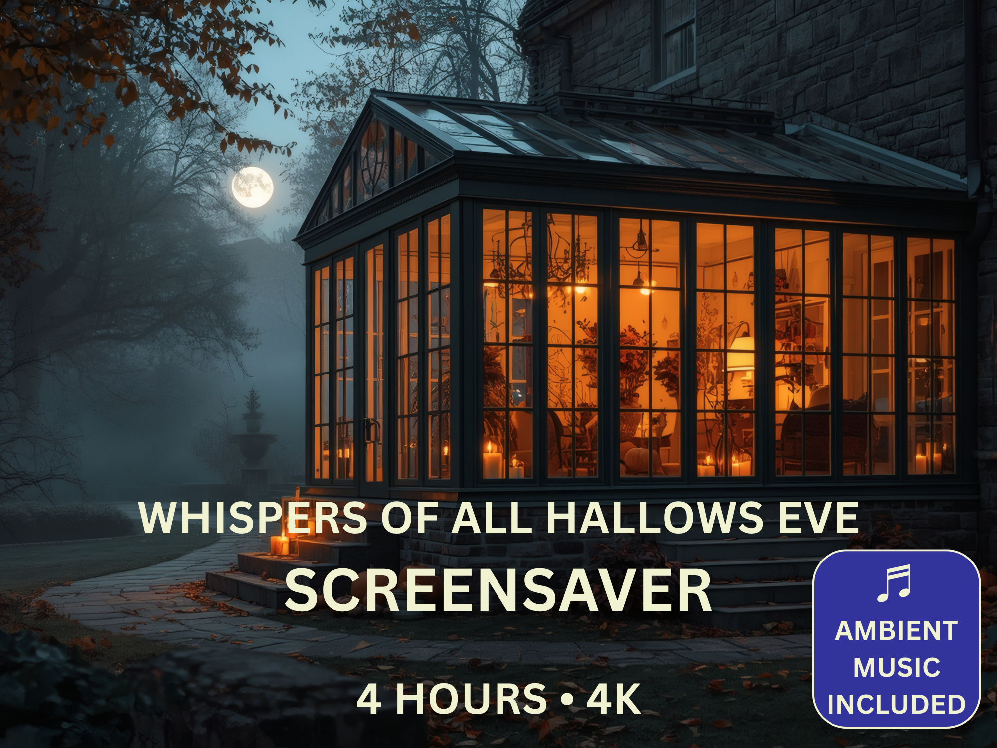 Halloween 4K Screensaver with moonlit pumpkins, autumn mist, candlelit interiors and calming ambient music