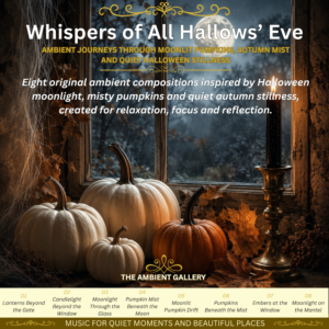 Halloween Ambient Music album with moonlit pumpkins, autumn mist, candlelit interiors and peaceful seasonal atmosphere