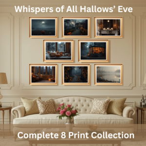 Halloween Printable Wall Art featuring moonlit pumpkins, misty autumn paths, candlelit interiors and elegant seasonal atmosphere