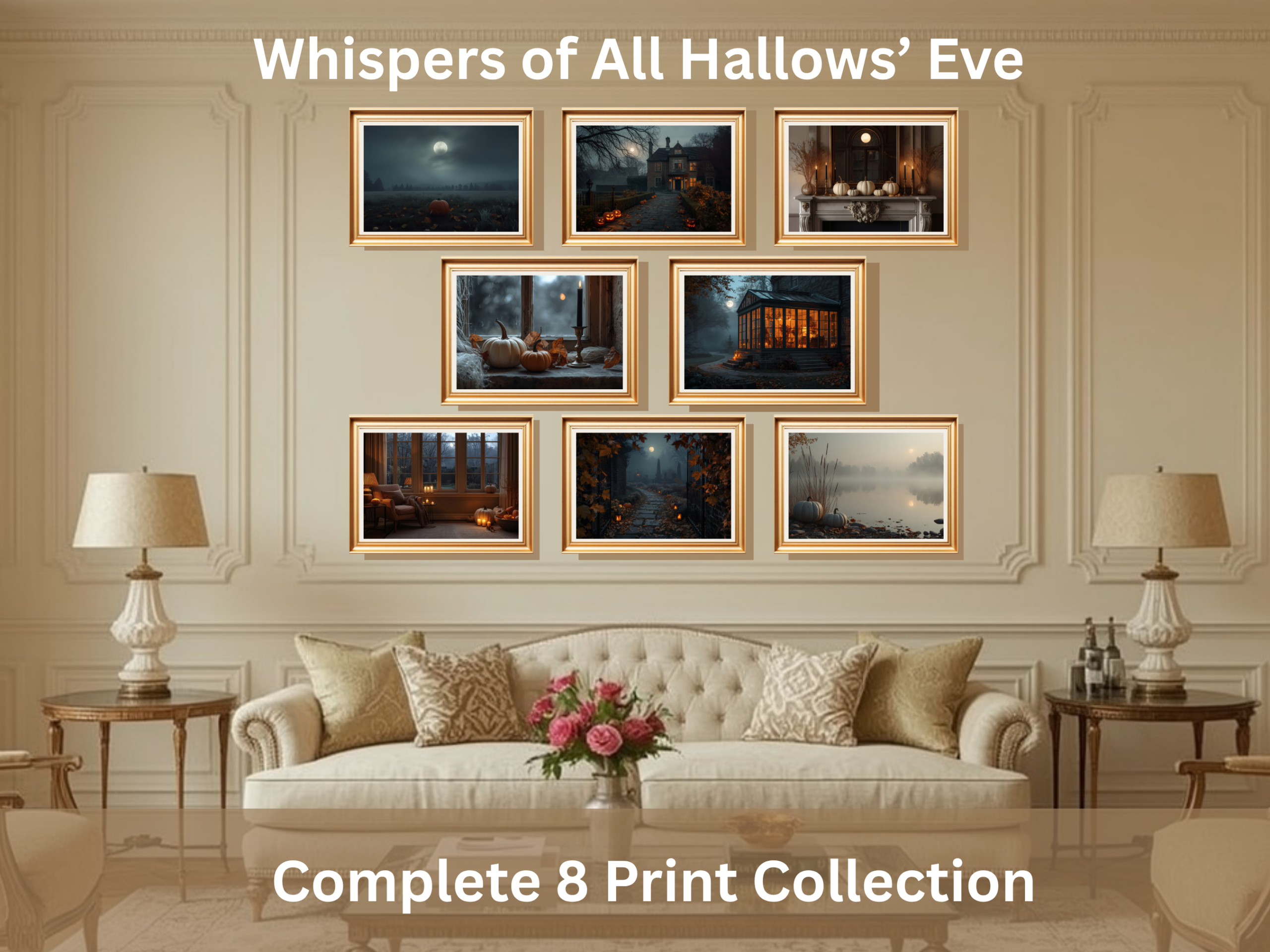 Halloween Printable Wall Art featuring moonlit pumpkins, misty autumn paths, candlelit interiors and elegant seasonal atmosphere