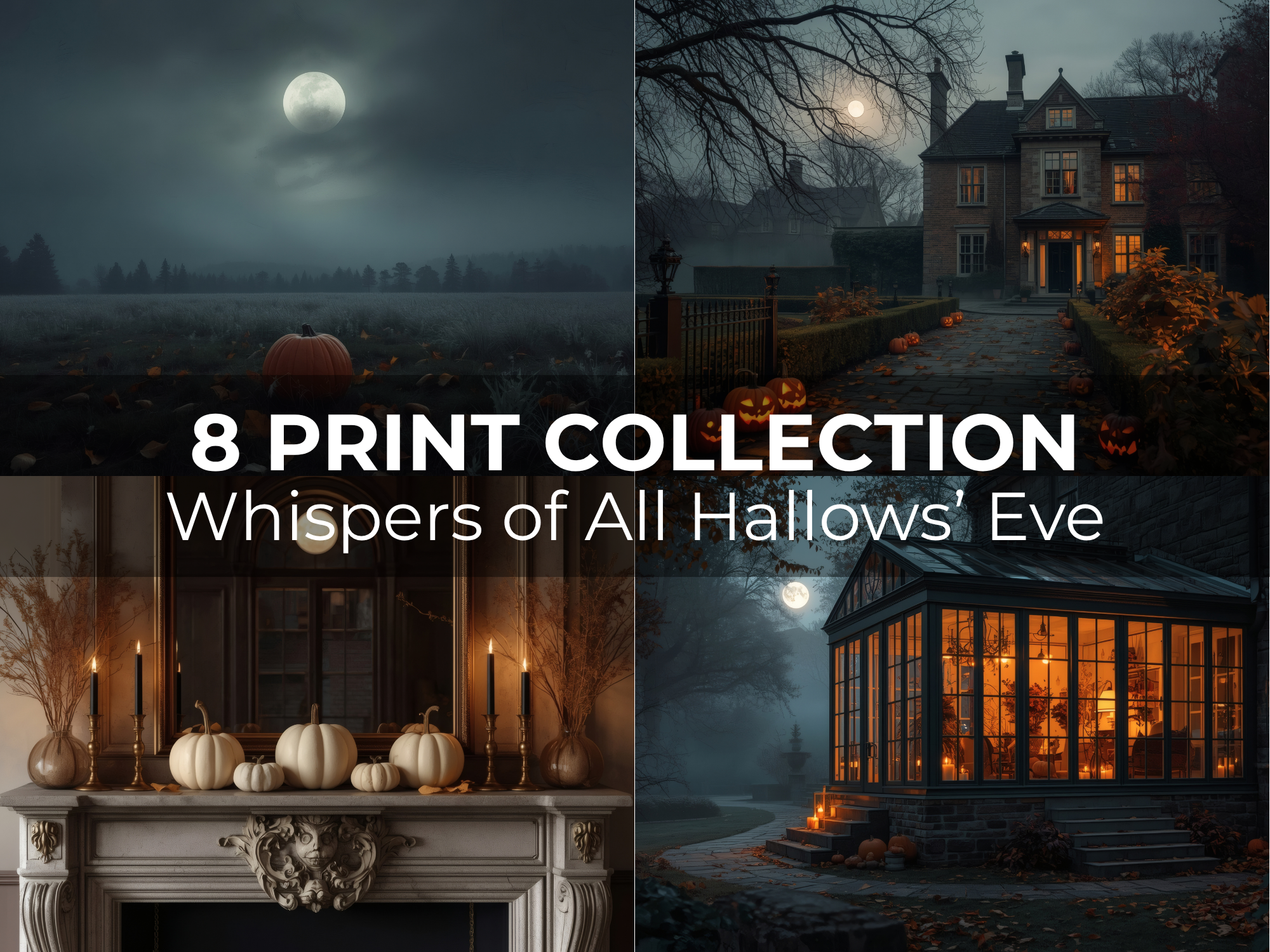 Halloween Printable Wall Art featuring moonlit pumpkins, misty autumn paths, candlelit interiors and elegant seasonal atmosphere