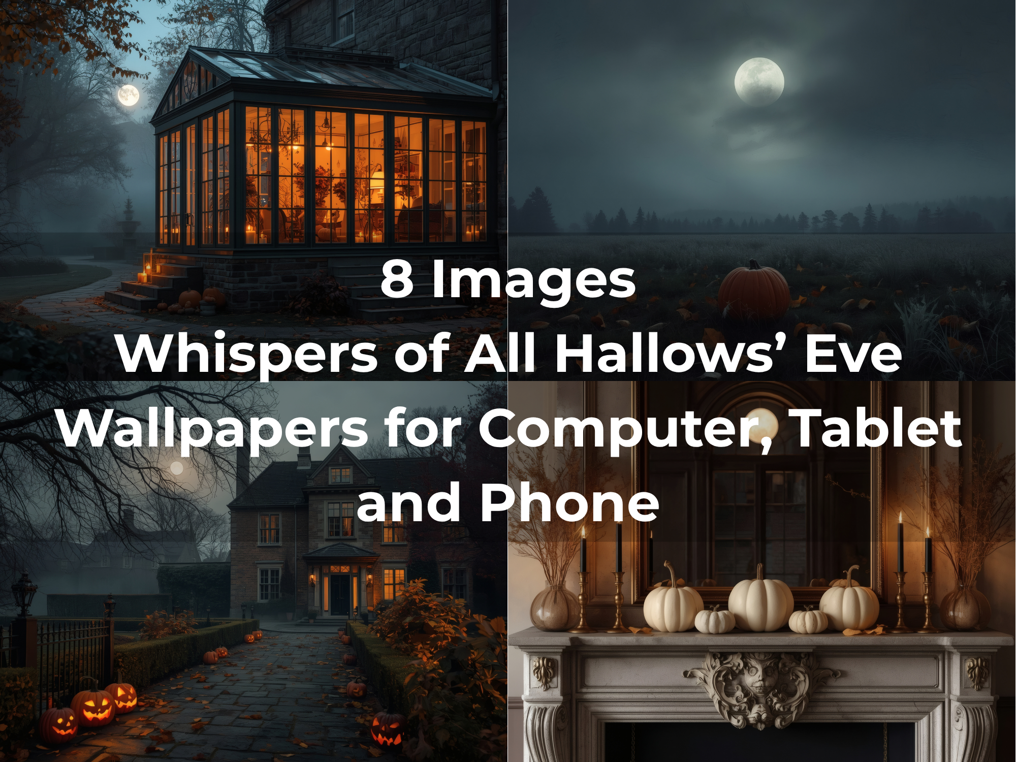 Halloween Wallpaper Collection with moonlit pumpkins, autumn mist, candlelit interiors and elegant seasonal digital backgrounds